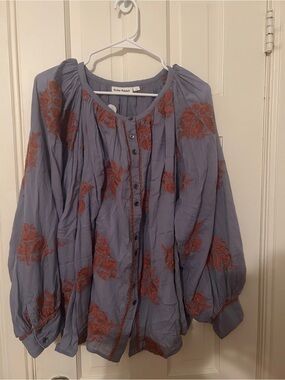 Roller Rabbit Lavender Button-Front Peasant Blouse with Rust Embroidery
